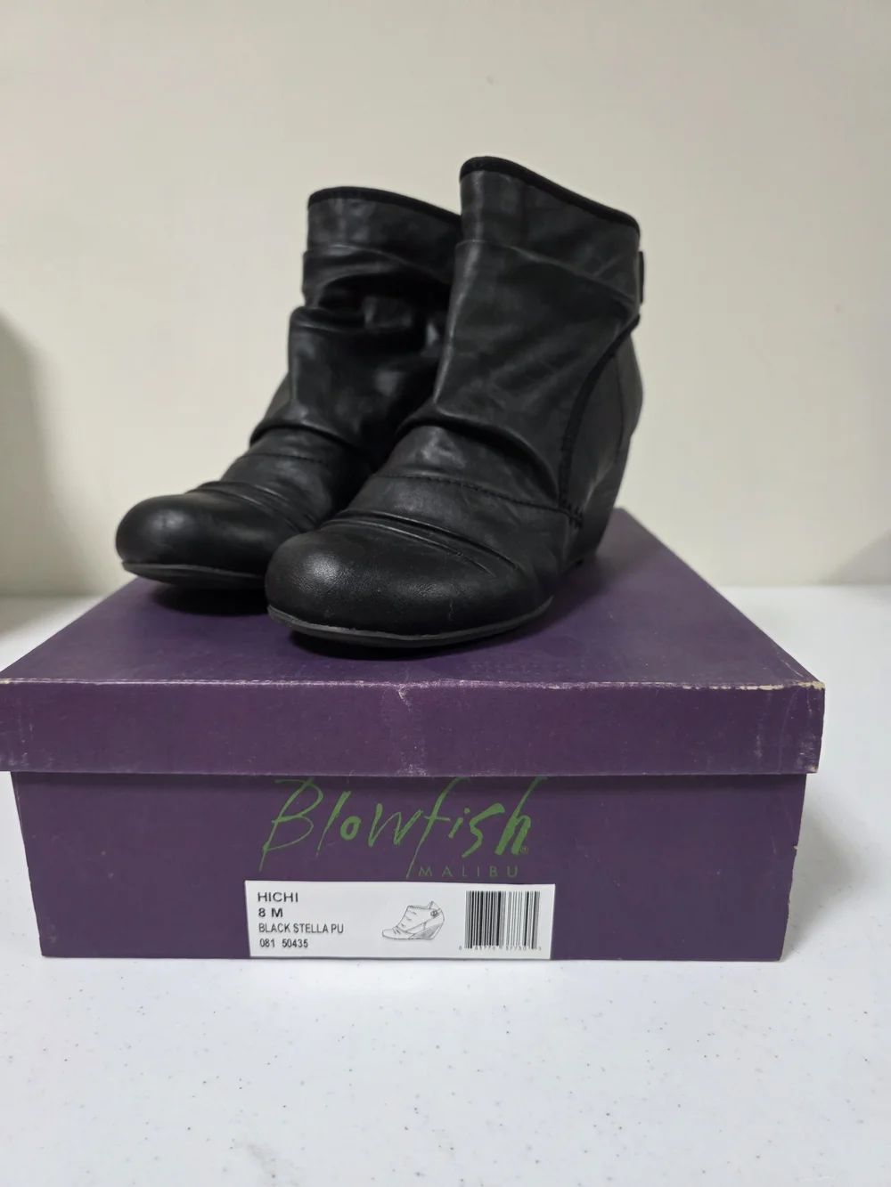 🖤👢🍂 Blowfish Malibu Black Wedge Booties Size 8 Slouch Ankle Boots Boho Casual